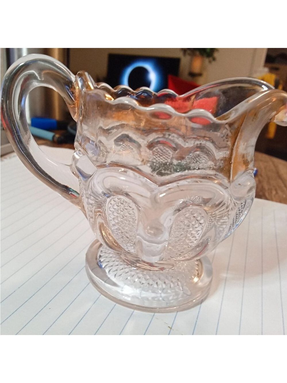 US Glass Antique EAPG Texas Loop Stippled Pattern Clear/Gold Creamer Pitcher